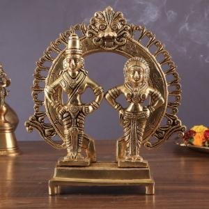 Pure Brass Vitthal Rukmani with Prabhavali | 8.7" x 7.5" x 3.1" (22 x 19 x 8 cm) | 2 kg Sacred Art | Divine Couple Frame Murti